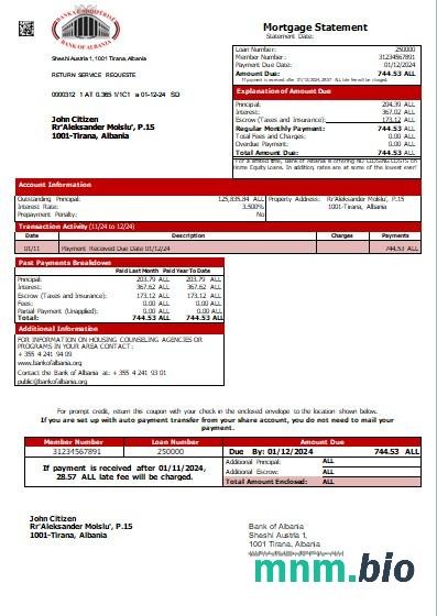 Albania Bank Albanii wyciąg z kredytu hipotecznego szablon Word i PDF